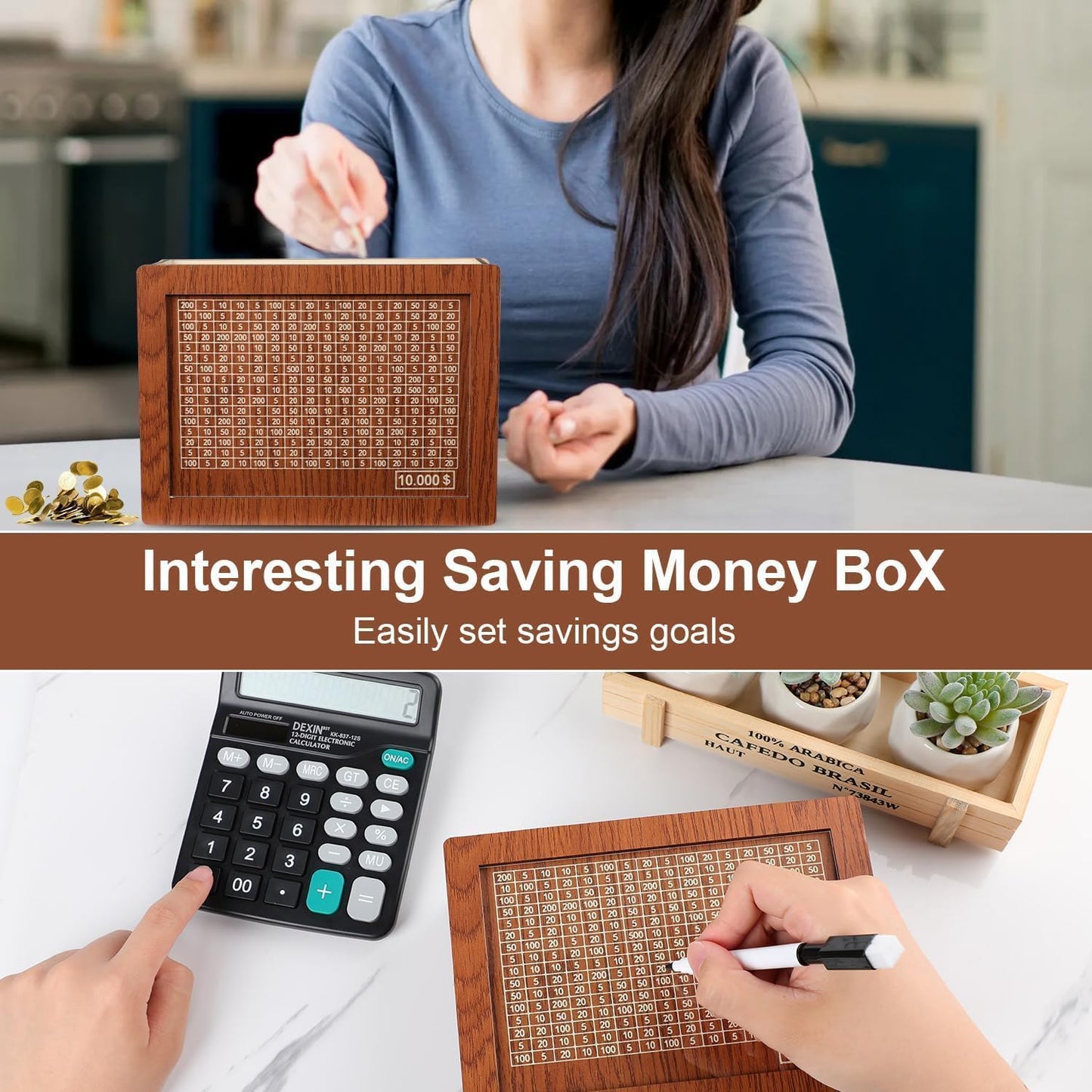 Alcancía de Madera SavingsChallenge™ con Objetivo de Ahorro Interactivo