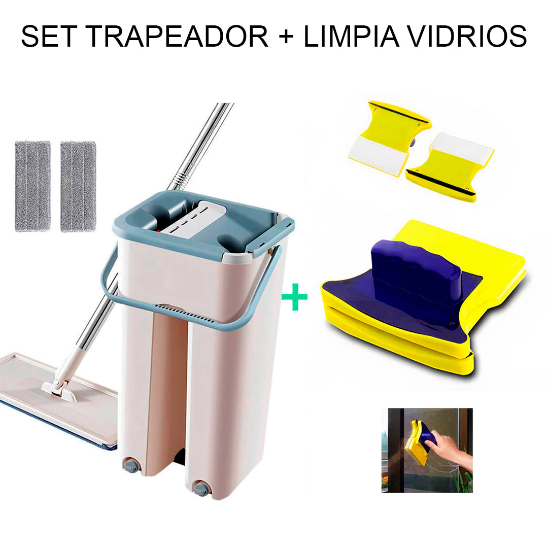 Set de Trapeador Mopa Plano + Limpia Vidrios Magnético